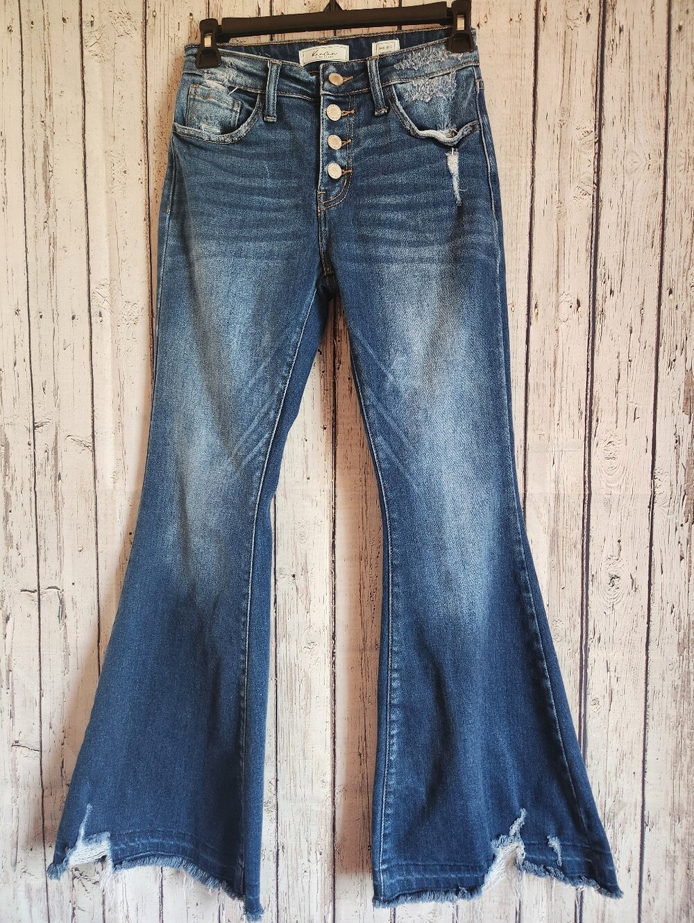 KanCan Signature Mid Rise Super Flare Jeans Distressed Button Fly 25/3 Boho